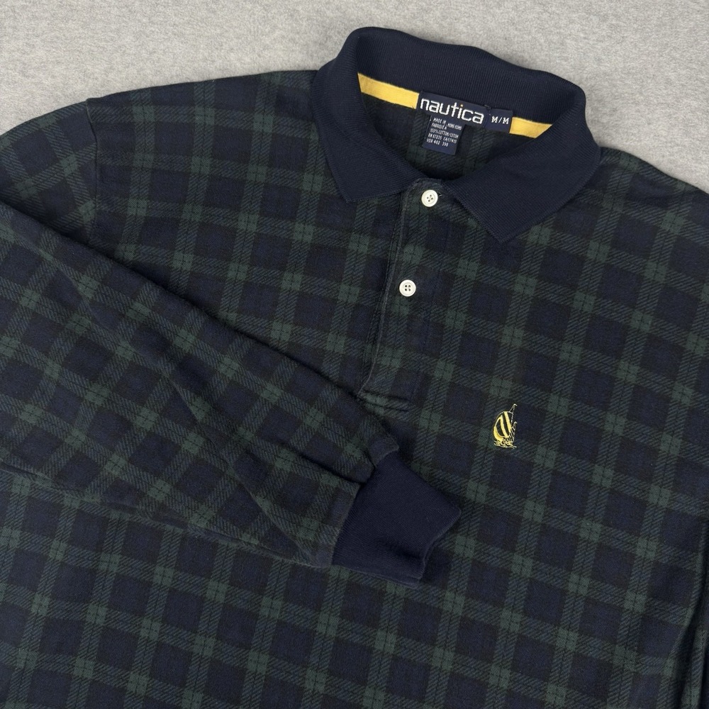 Vintage 90s Nautica Rugby Polo Shirt Mens Medium Green Plaid Long Sleeve Preppy